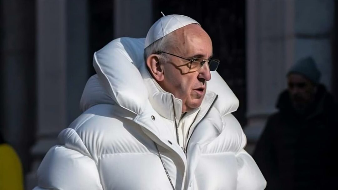 Dieses Foto sorgte vor einem Jahr für Aufregung: Die Aufnahme von Papst Franziskus in der weißen Daunenjacke wurde von einer Künstlichen Intelligenz berechnet und erstellt. (Foto: Pablo Xavier/Midjourney)