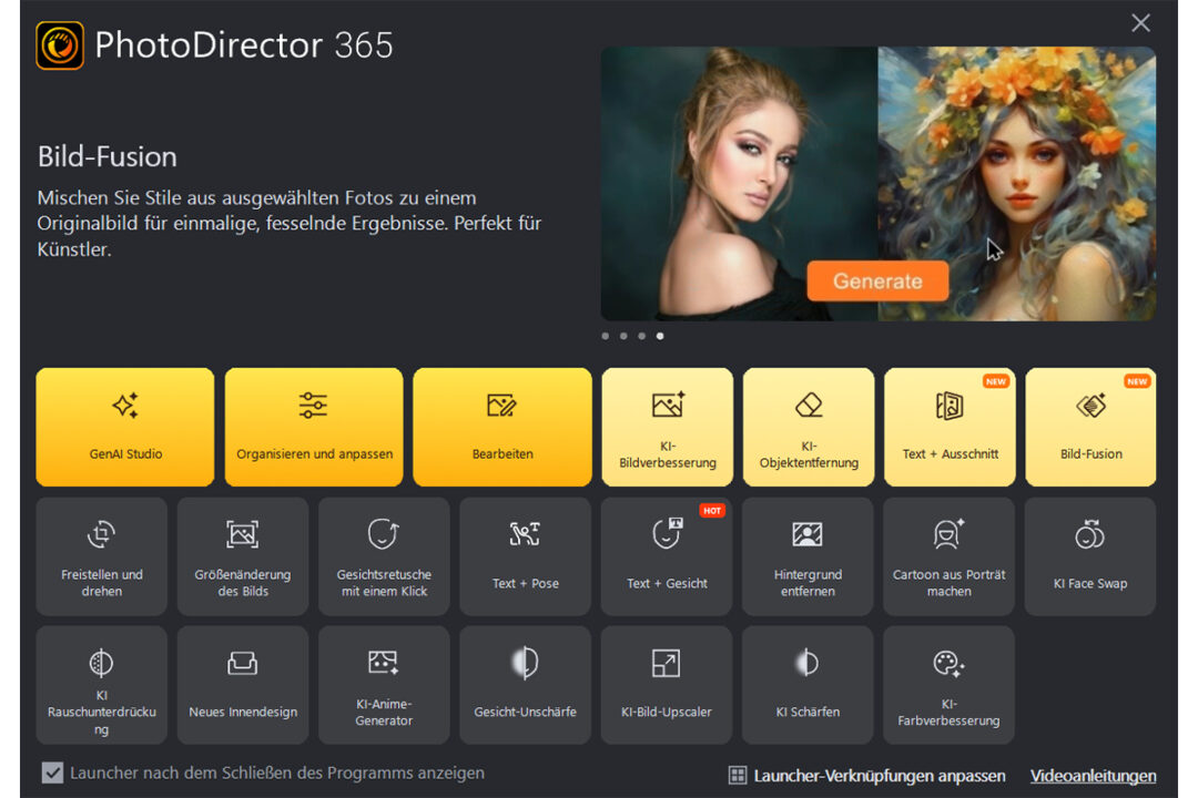 Mit der KI-Bildfusion lassen sich mehrere Bilder mischen. Dabei stehen zahlreiche Bearbeitungsmöglichkeiten zur Verfügung.